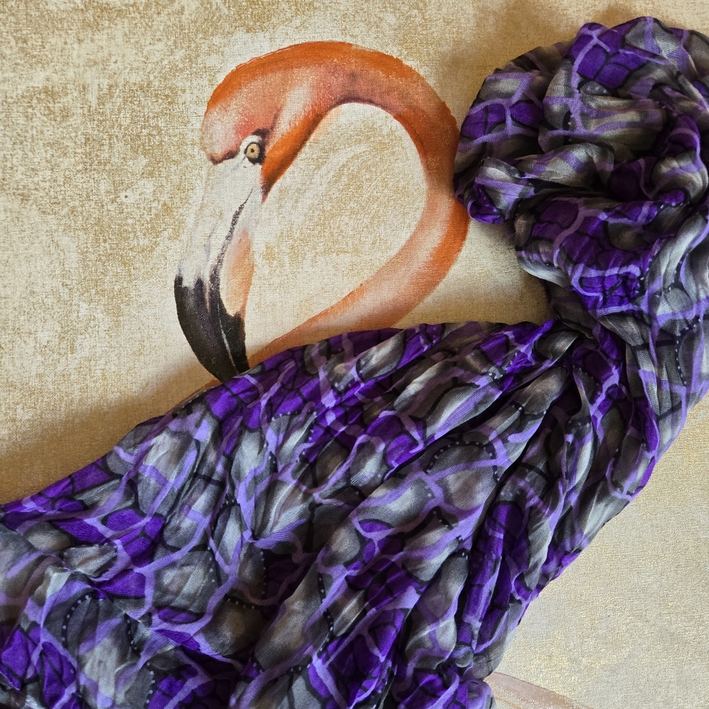 3/$25 Scarf Purple Black Print Semi Sheer Wide